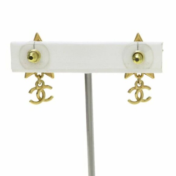 CHANEL CC Logos Black Star Drop Stud Earrings Gold Tone C24C Auth - Picture 3 of 9